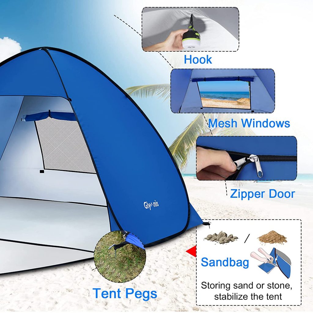 Glymnis Beach Shelter Pop Up Beach Tent with Zip Door UV Protection 50